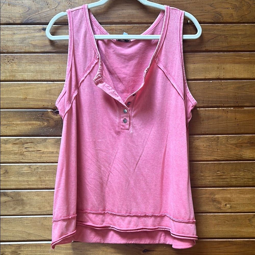 White Birch - Pink Henley Tank Top - L